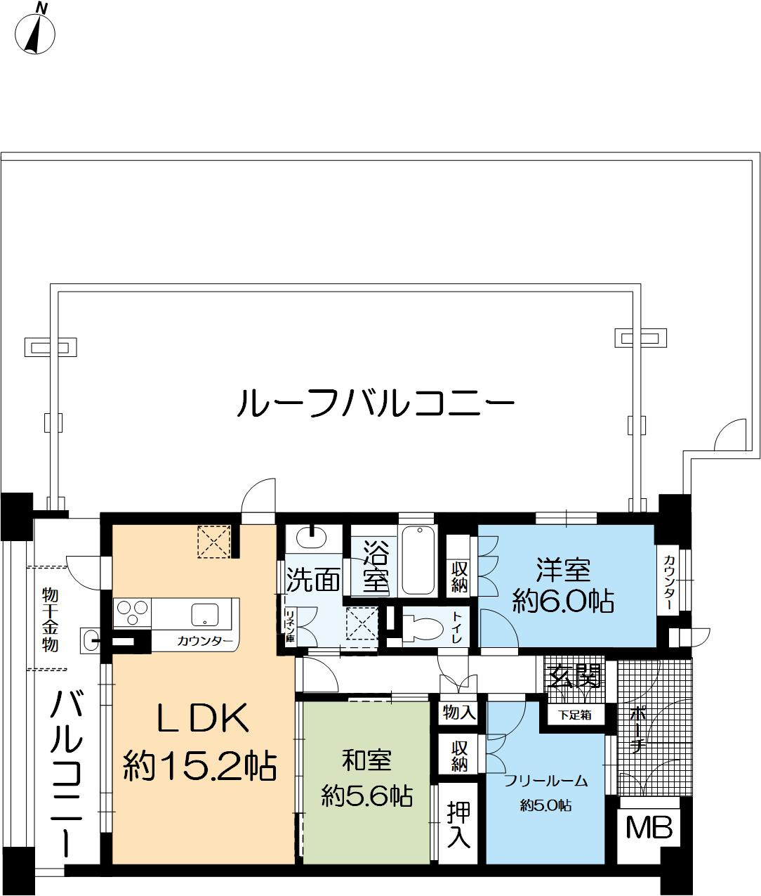 エルヴェール神戸本山アーバンライフの間取り|約71.99㎡、2SLDK、北西角部屋となっております。
西と北の二面バルコニーで北側には約51.75㎡のルーフバルコニーがございます。