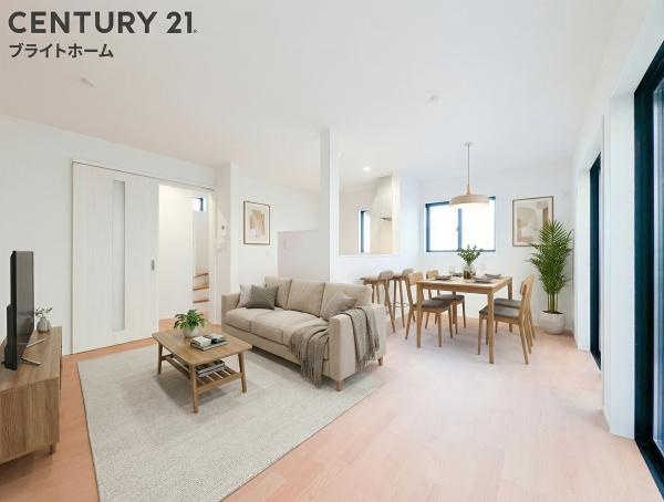 横浜市青葉区榎が丘の新築一戸建の居間・リビング|自慢したくなるリビング！
形も良く家具の配置にも困りません。
※家具はCGの参考レイアウトです。