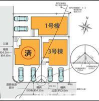 藤沢市片瀬４丁目　新築戸建　全３棟の区画図|対象地は３号棟です。