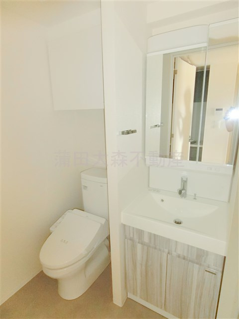 クオリタス蒲田の洗面所|洗面脱衣所　2面鏡の独立洗面台　洗濯機置き場