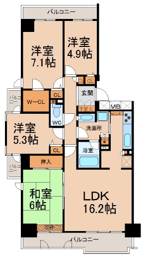 桃花台パークヒルズ弐番館の間取り|南西角部屋・３面バルコニー。ウォークインクローゼット有。
2021年一部リフォーム済。４LDK。