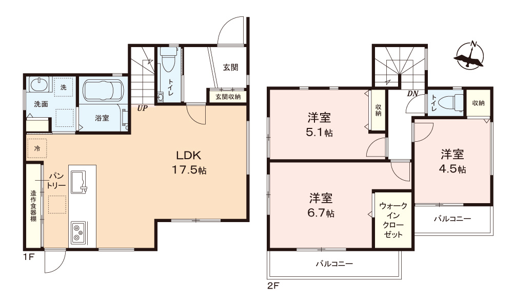 ふじみ野市苗間の新築一戸建の間取り|LDKは17.5帖、折上天井で開放感のある空間♪