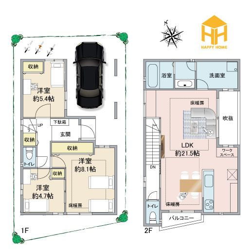 ハッピータウン伊丹寺本2丁目建築条件付き土地の土地図＋建物プラン例|※建物プラン例：建物面積93.50㎡、建物価格1980万円