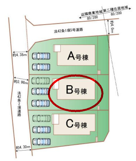 ハートフルタウン渋川市石原348番　B号棟の区画図|駐車場並列３台ご用意しています！
並列駐車なので車の出し入れもしやすいですよ！