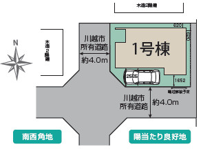 南西角地で陽当たり良好の区画図|カースペース1台分