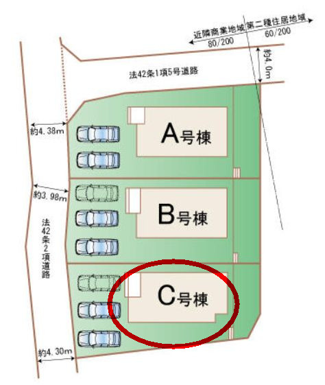 ハートフルタウン渋川市石原348番　C号棟の区画図|駐車場並列３台ご用意しています！
並列駐車なので車の出し入れもしやすいですよ！