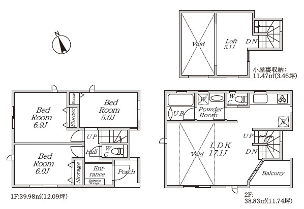 練馬区富士見台2丁目　建築条件付　南道路の限定4区画の参考プラン|B号地　3LDK+ロフト+カースペース　敷地面積 88.04ｍ2　建物面積 78.81ｍ2+ロフト 11.47ｍ2　建物価格 2,190万円