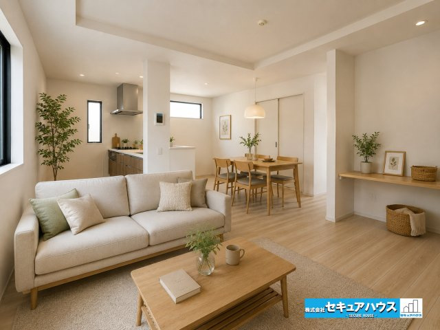 【本日ご案内可能】刈谷市井ケ谷町　全1棟の居間・リビング|【リビングに家具を配置を配置したイメージ図】
◆18帖リビングはダイニングスペースとリビングスペースを分けることができ、圧迫感なく家具を配置することができます。　　　　　　　　　　　　　　　　　　　　