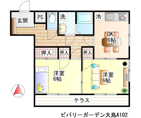 ビバリーガーデン大島Aの間取り|ビバリーガーデン大島A棟102号室　２DK