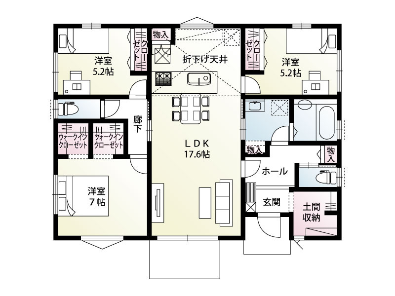 新築　前橋市青柳町　9号棟の間取り|建物面積26.55坪　キッチンはお洒落な折下天井！