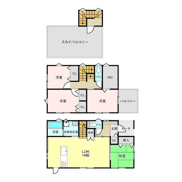 東坂元2丁目　S-pacioの間取り|スカイバルコニーが魅力の4LDKです。収納の豊富さも魅力です。