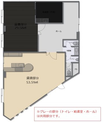 津山市北町　貸店舗・貸事務所の間取り|南側　53.59㎡＋共用ホール・トイレのみ