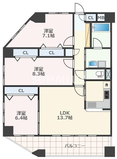 熊本市中央区島崎１丁目の賃貸マンションの間取り