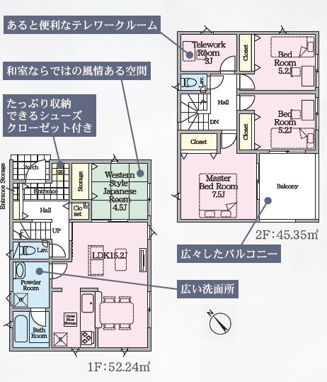 八王子市　泉町　新築一戸建て　２６期の間取り|～南西向き4SLDK　収納豊富、2階にテレワークルームのある間取り～