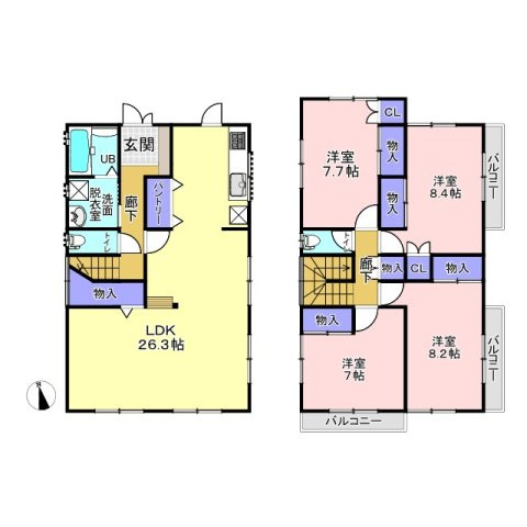 三郷市戸ケ崎3丁目　中古戸建の間取り|1階のリビングは26.3帖の広さを確保！2階に4部屋あるのでそれぞれの個室が持てます