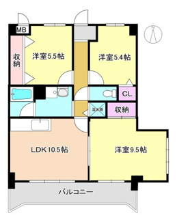 【間取り】 | グランドール園田 201 | 間取り改造完了【2024.1施工】
　LDK10.5帖・洋室5.5帖・洋室5.4帖・和室6帖・サービスルーム3.5帖
　　⇒LDK10.5帖・洋室5.5帖・洋室5.4帖・洋室9.5帖　