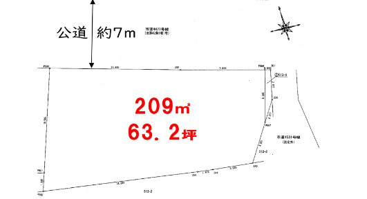 敷地面積６３坪　売地　川越市渋井の土地図|区画図　敷地面積６３坪！建築条件なし売地！お好きなハウスメーカーで建築可能です♪北側公道約７ｍ！日当たり良好♪桜通り♪