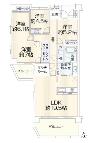 【間取り】 | マイキャッスル椚田 | 4LDKはリビングダイニングキッチンと4つの居室がある間取りで、大家族や二世帯住宅に最適。広々としたリビングで家族団らんを楽しみ、個室でプライベートな時間も確保でき、快適な生活を送ることができますよ。