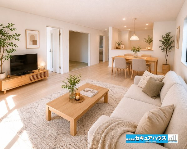 【今からご案内可能】愛知郡東郷町諸輪　全4棟の居間・リビング|【LDK　家具を配置したイメージ図】
◆白基調のリビングのためお部屋のレイアウトがしやすいです♪
◆リビング、ダイニングと合わせて和室で寝転がったり、お子様の遊ぶスペースを設けられるのも魅力です。　　