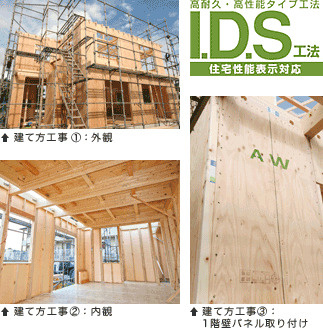 糸島市板持2丁目第1-2棟（A号棟）の構造・工法・仕様|I.D.S工法は「木造軸組－パネル工法」。木造軸組工法の設計自由度と構造用合板パネル工法の耐震性の高さをあわせもった工法です。