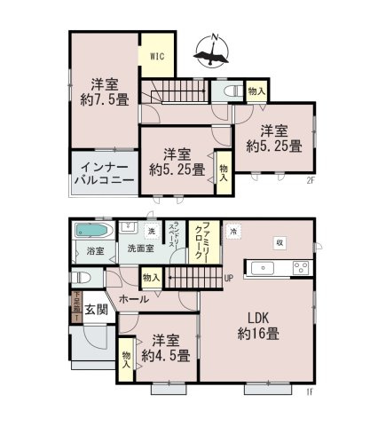 糸島市板持2丁目第1-2棟（A号棟）の間取り|全居室収納付きで便利です。