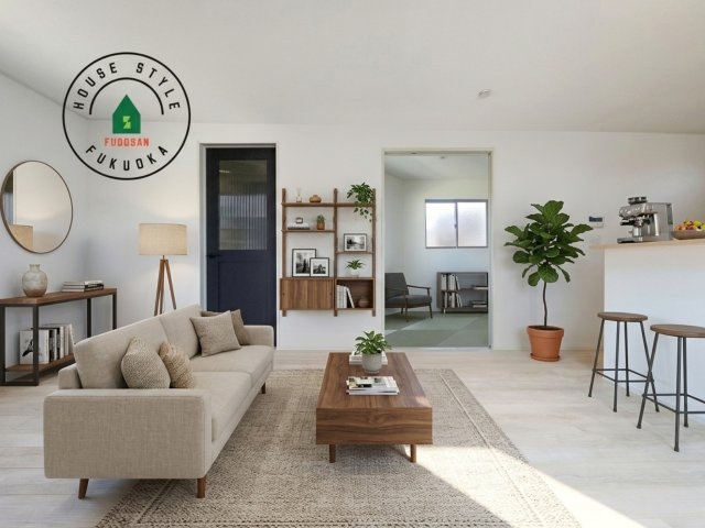 那珂川市今光8丁目第2-3棟（2号棟）の内観：施工例|明るく開放的なリビングダイニングは豊かな陽光が注ぎ込み、やすらぎの空間を演出してくれます。ご家族で楽しいひとときをお過ごし下さい。※家具はCGを合成したものです。