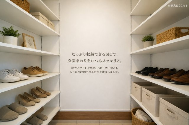 公園も球場も、日常に。｜保土ヶ谷公園徒歩圏×LDK20帖｜南西バルコニー×並列2台駐車｜バス停徒歩3分×藤塚IC近接★仲介手数料無料★の収納|可動棚付きのシューズインクローク。靴はもちろんベビーカーやアウトドア用品も収納でき、玄関まわりをすっきり保てます。