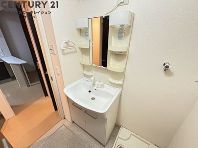 アメニティ収納棚ありの独立洗面台です