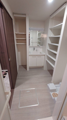 【洗面所】 | Grand Felicia | 洗髪洗面化粧台三面鏡　洗濯機置き場　収納棚(ロールスクリーン付き)