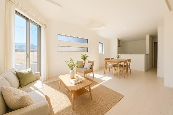 相模原市中央区小山１丁目の新築一戸建の居間・リビング|家族が自然と集まるリビングは
落ち着きのある空間です♪
※家具はCG加工しています。