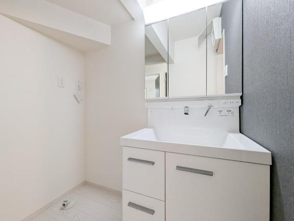 相模原市中央区小山１丁目の新築一戸建の独立洗面台|お化粧もしやすい三面鏡付き独立洗面台、
収納もしっかりあり、洗剤などもしまっておけます。