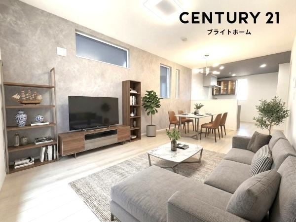 横浜市神奈川区白幡東町の新築一戸建の居間・リビング|本画像はAIがCGで家具作成しており、実際の現地に家具は設置されておりません。また、販売価格に家具等は含まれておりません。
