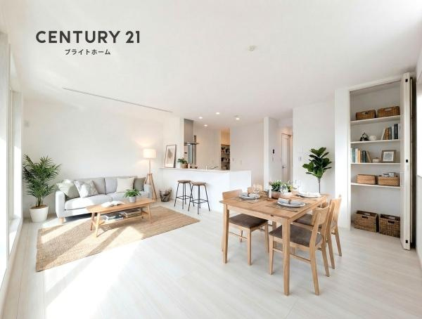 横浜市中区山元町３丁目の新築一戸建の居間・リビング|家族が自然と集まるリビングは
落ち着きのある空間です♪
※家具等はCGでの参考レイアウトです。