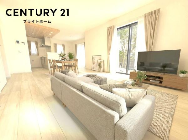 横浜市磯子区洋光台１丁目の新築一戸建の居間・リビング|窓からは明るい光が差し込みます！
電気をつけなくても明るいです。
※家具等はCGでの参考レイアウトです。