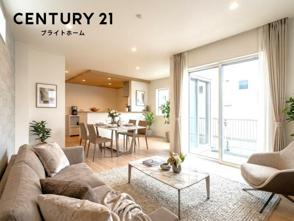 横浜市保土ケ谷区新井町の新築一戸建の居間・リビング|窓からは明るい光が差し込みます！
電気をつけなくても明るいです。
※家具等はＣＧでの参考レイアウトです。