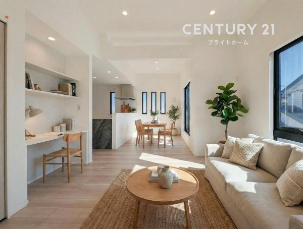 横浜市都筑区川和町の新築一戸建の居間・リビング|窓からは明るい光が差し込みます！
電気をつけなくても明るいです。
※家具等はCGでの参考レイアウトです。

