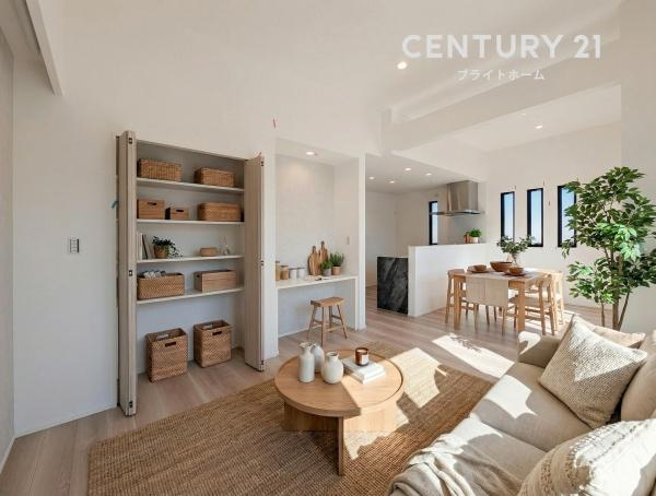 横浜市都筑区川和町の新築一戸建の居間・リビング|自慢したくなるリビング！
形も良く家具の配置にも困りません。
※家具等はCGでの参考レイアウトです。