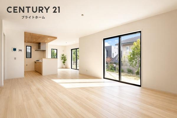 横浜市磯子区洋光台１丁目の新築一戸建の居間・リビング|窓からは明るい光が差し込みます！
電気をつけなくても明るいです。