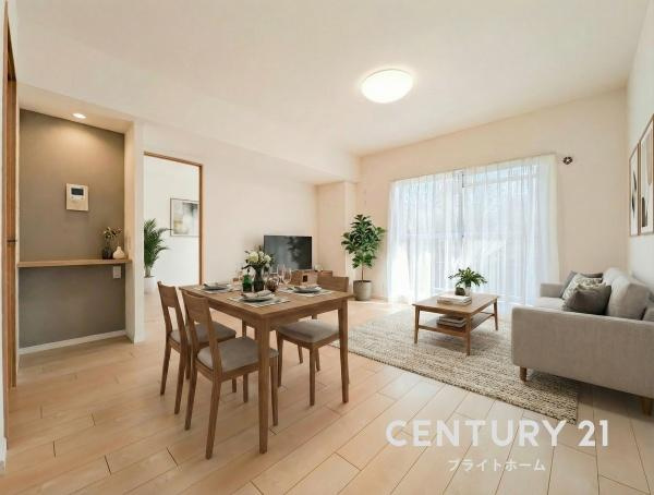 ニューシティ東戸塚緑の街４号棟の居間・リビング|窓からは明るい光が差し込みます！
電気をつけなくても明るいです。
※家具等はCGでの参考レイアウトです。

