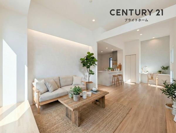 横浜市都筑区川和町の新築一戸建の居間・リビング|自慢したくなるリビング！
形も良く家具の配置にも困りません。
※家具等はCGでの参考レイアウトです。