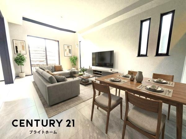 横浜市戸塚区原宿５丁目の新築一戸建の居間・リビング|自慢したくなるリビング！
形も良く家具の配置にも困りません。
※家具はCGでの参考レイアウトです。