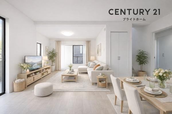 横浜市青葉区桂台２丁目の中古一戸建の居間・リビング|自慢したくなるリビング！
形も良く家具の配置にも困りません。
※家具等はCGでの参考レイアウトです。