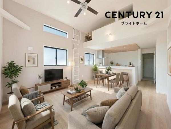 横浜市泉区中田西４丁目の新築一戸建の居間・リビング|窓からは明るい光が差し込みます！
電気をつけなくても明るいです。
※家具等はCGでの参考レイアウトです。