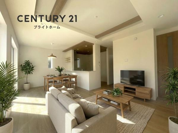 横浜市旭区中沢３丁目の新築一戸建の居間・リビング|窓からは明るい光が差し込みます！
電気をつけなくても明るいです。
※家具等はCGでの参考レイアウトです。