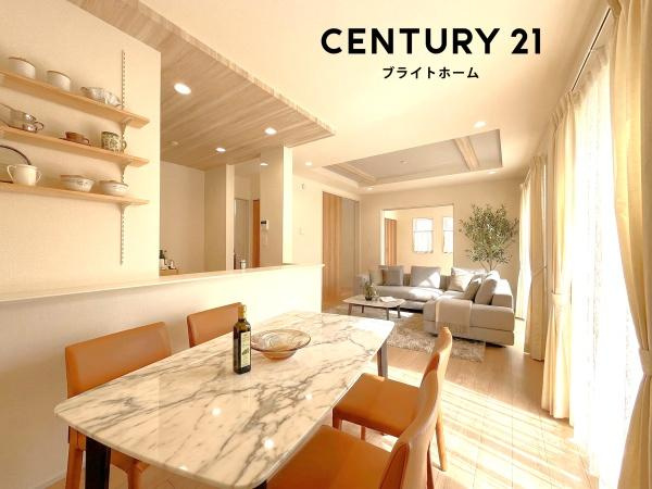 横浜市旭区今宿南町の新築一戸建の居間・リビング|自慢したくなるリビング！
形も良く家具の配置にも困りません。
※家具等はＣＧでの参考レイアウトです。