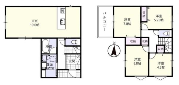 大和郡山市野垣内町 ／新築一戸建の間取り|■広々したリビング１９帖・４ＬＤＫの間取り！大容量の収納など、ご家族のお住まいにピッタリです！