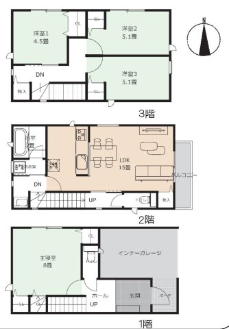 尼崎市大島１丁目　土地の土地図＋建物プラン例|家事動線を意識した4LDKプラン。
キッチン、洗面、浴室を直線配置し、時短家事を実現。
リビング横に