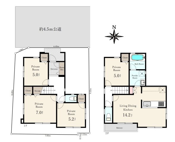 練馬区中村南3丁目の間取り|土地面積75.49㎡の2階建て4LDK 前面道路約4.5ｍに面した整形地です
