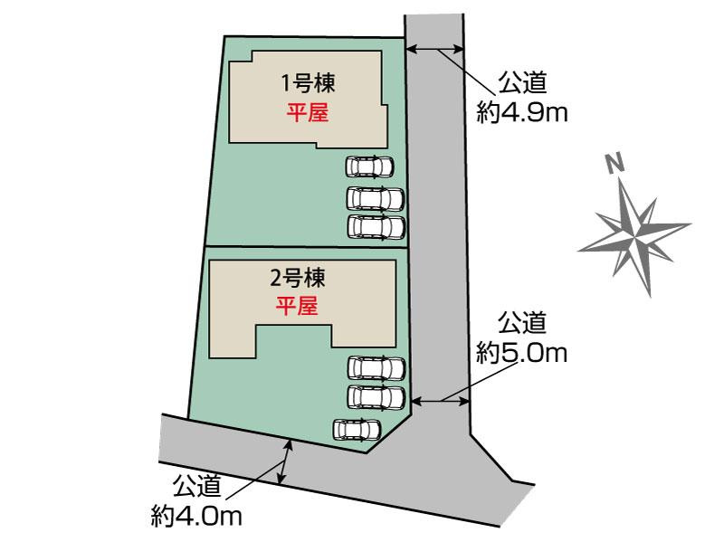 新築　みどり市大間々町大間々　Blooming　Garden　2号棟の区画図|2号棟　区画図　東側接道幅員約4.9ｍ　南側接道幅員約4ｍ			
	
			
	
