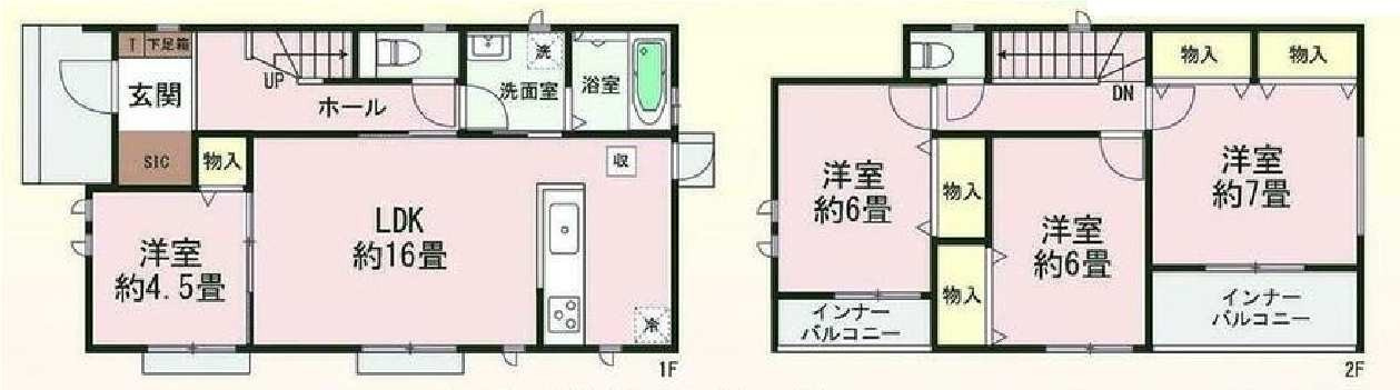 新築　渋川市石原　Heartful　Town　B号棟の間取り|建物面積105.99㎡　全居室南向きで日当たり良好♪シューズインクローク・各部屋収納付きで便利です！インナーバルコニーなので突然の雨でもお洗濯物も安心です♪
							

